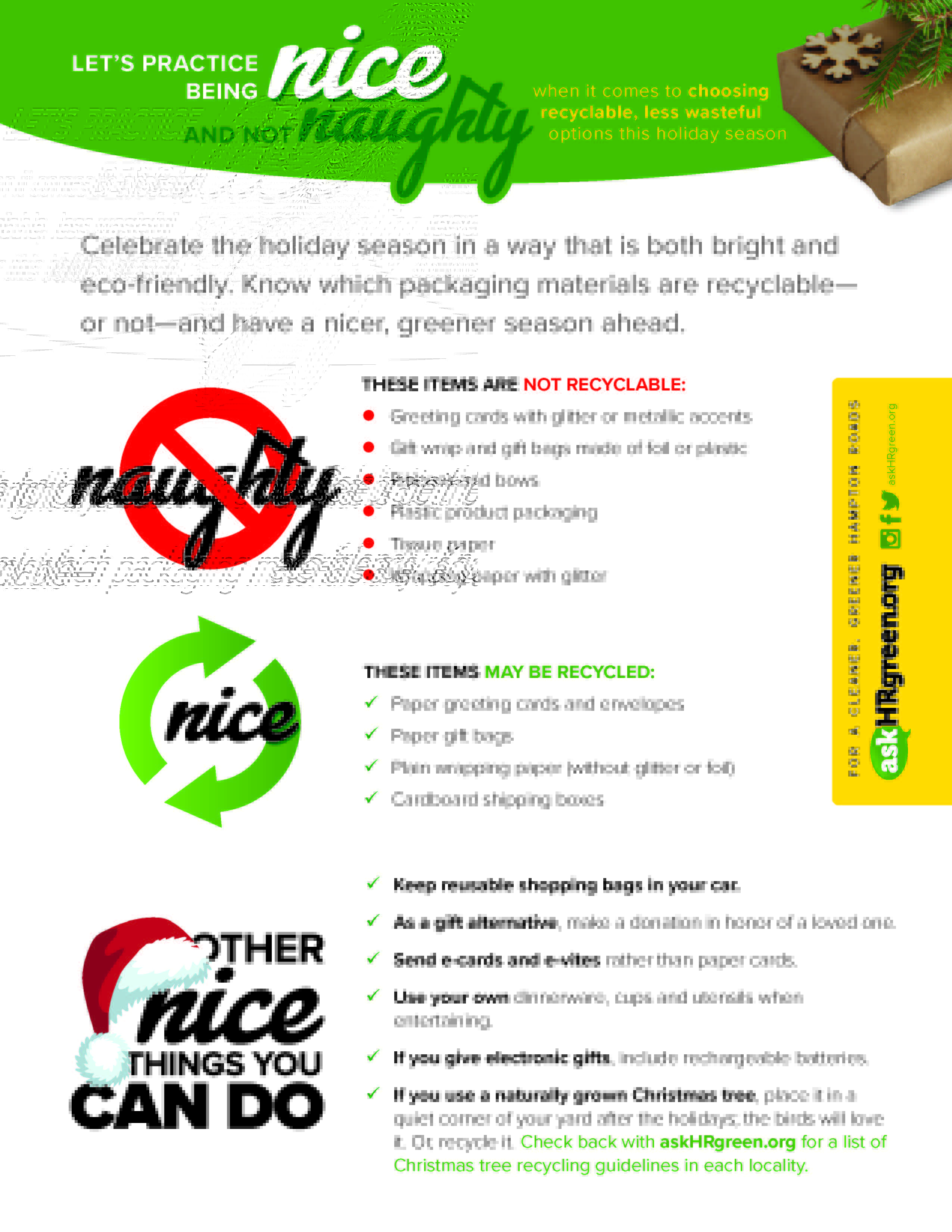 askHRgreen.org Holiday Recycling "Naughty" and "Nice" list